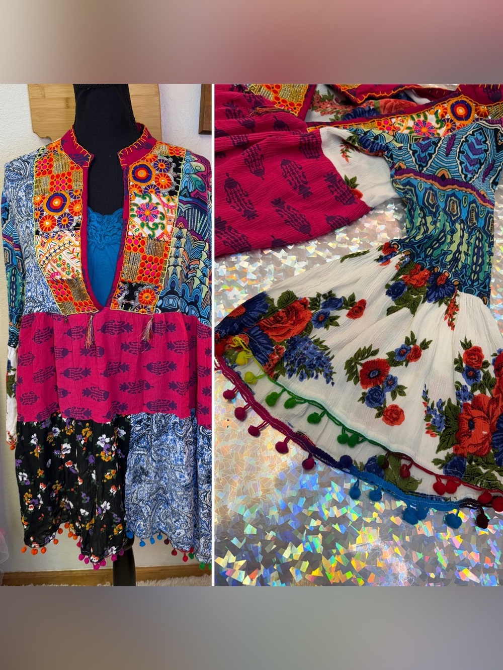 Anandas Collection XL Tunic Top Boho Hippie Embroidered Patchwork Art To Wear